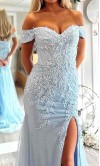 Light Blue Off The Shoulder Appliqued Mermaid Prom Dress Slit KSP688