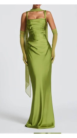 Vintage Olive Green Long Sheath Bridesmaid Dress with Square Neck KSP690