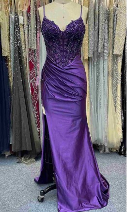 Plum purple mermaid prom dress with sheer beaded corset bodice and high leg slit KSP686