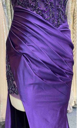 Plum purple mermaid prom dress with sheer beaded corset bodice and high leg slit KSP686