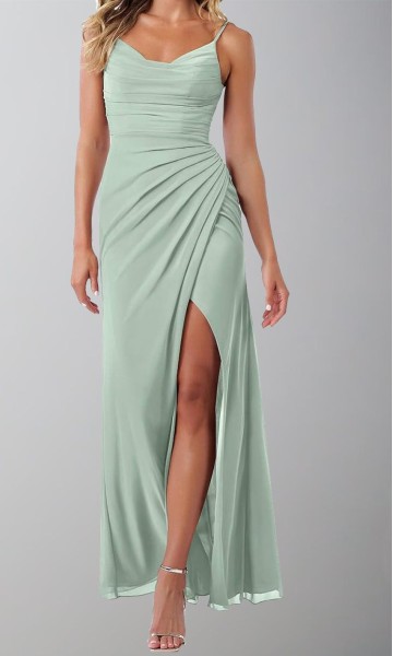 Sage Green Pleated Chiffon Maxi Bridesmaid Dress wit Straps KSP684