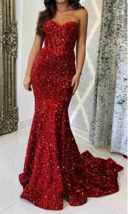 Sequined Red Bustier Mermaid Prom Dress UK Sweetheart KSP689