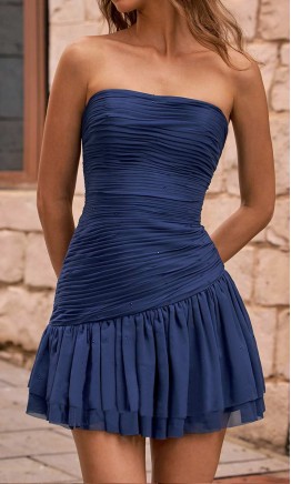 Beaded strapless short blue graduation dress with drop waist front view