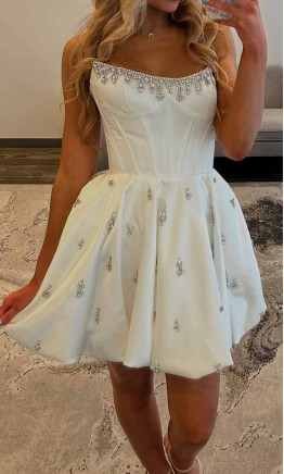 Strapless Crystaled  White Corset Mini Prom Dress with Puffy Skirt KSP691