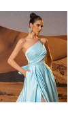 Light Blue Asymmetric Strapless Prom Ball Gowns with Pockets KSP687