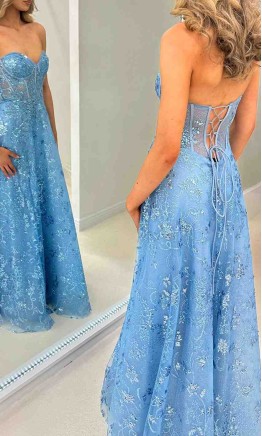Sweetheart A-line Lace Embellished Long Slit Prom Dress with Sheer Corset KSP696