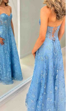 Sweetheart A-Line Lace Prom Dress with Sheer Corset & Long Slit  KSP696
