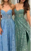 Sweetheart A-line Lace Embellished Long Slit Prom Dress with Sheer Corset KSP696