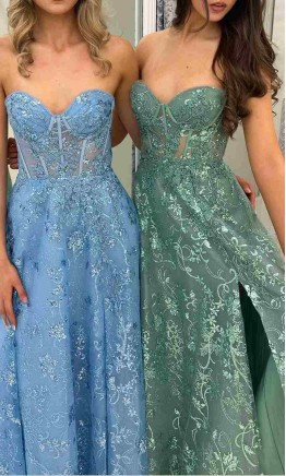 Sweetheart A-line Lace Embellished Long Slit Prom Dress with Sheer Corset KSP696