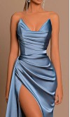 V-neck Powder Blue Satin Ruched Prom Dress With Thigh Slit KSP683