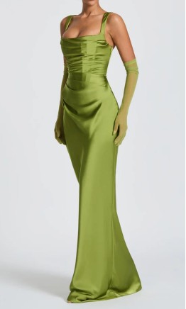 Long olive green satin sheath bridesmaid dress with vintage square neckline KSP690
