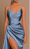 V-neck Powder Blue Satin Ruched Prom Dress with Thigh Slit KSP683
