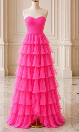 Showstopping hot pink chiffon prom dress with a ruched sweetheart bodice and a dramatic tiered ruffled skirt HPPD706