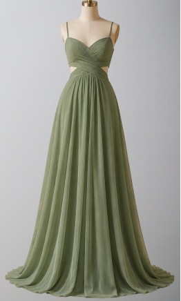 Sage Green Olive Chiffon A-Line Bridesmaid Dress with Cutout Waist & Criss-Cross Back HPPB704