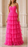 Hot Pink Strapless Prom Dress with Tiered Ruffle Chiffon Skirt & Sweetheart Neckline HPPD706