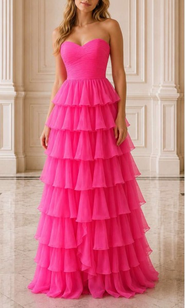 Showstopping hot pink chiffon prom dress with a ruched sweetheart bodice and a dramatic tiered ruffled skirt HPPD706