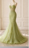 Sage Green Ruffled Tulle Mermaid Prom Dress with 3D Flowers and Sheer Corset HPPD703