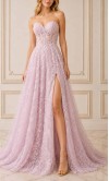 Lilac Floral Lace Strapless Corset Prom Dress with High Slit HPPD707