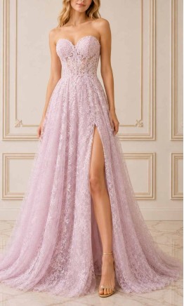 Lilac Floral Lace Strapless Corset Prom Dress with High Slit HPPD707