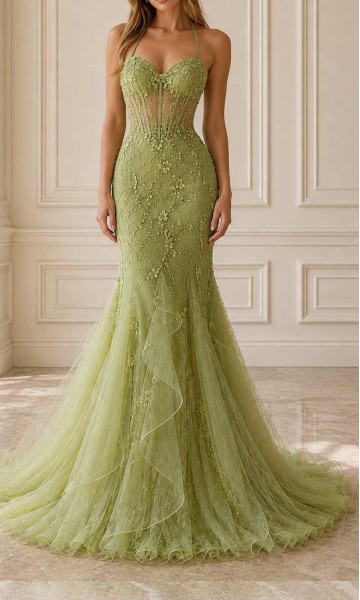 glam style Sage Green Ruffled Tulle Mermaid Prom Dress with 3D Flowers and Sheer Corset