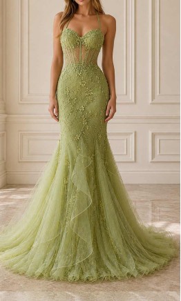 Breathtaking sage green tulle mermaid prom dress with a sheer corset bodice and romantic 3D floral details