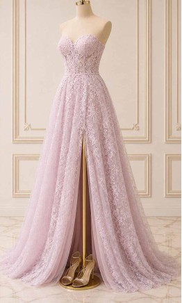 Lilac Floral Lace Strapless Corset Prom Dress with High Slit HPPD707