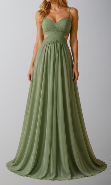 Sage green pleated chiffon maxi bridesmaid dress front view