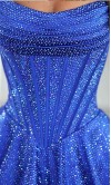 Stunning short royal blue dress with all-over shimmering rhinestones, a strapless corset bodice, and a tiered ruffled skirt