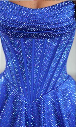 Stunning short royal blue dress with all-over shimmering rhinestones, a strapless corset bodice, and a tiered ruffled skirt