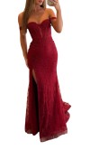 Burgundy Off-the-Shoulder Lace Corset Prom Dress with Slit KSP701