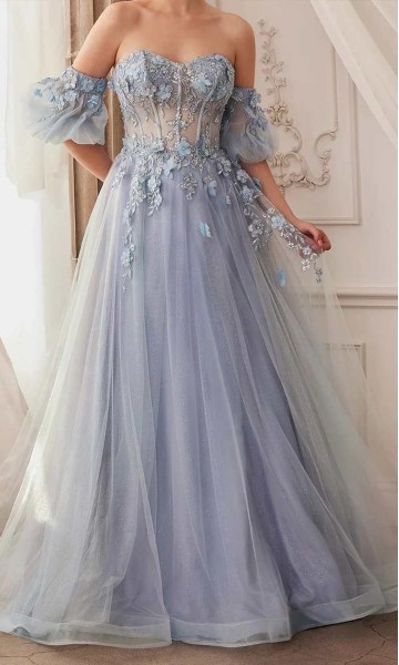 Floral Sweetheart Sheer Corset Tulle Ball Gown with Removable Sleeves KSP697