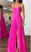 Metallic Hot Pink Ruched Keyhole A-line Prom Dress Long KSP698