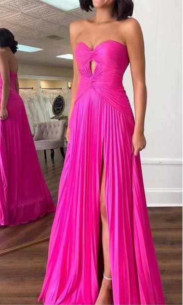 Metallic Hot Pink Ruched Keyhole A-line Prom Dress Long KSP698