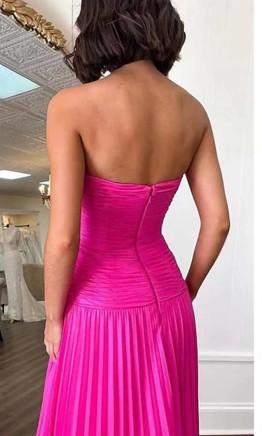 Metallic Hot Pink Ruched Keyhole A-line Prom Dress Long KSP698