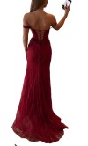 Gorgeous burgundy off-the-shoulder floral lace prom dress with sheer corset bodice and lace-up back KSP701