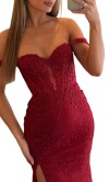 Gorgeous burgundy off-the-shoulder floral lace prom dress with sheer corset bodice and lace-up back KSP701