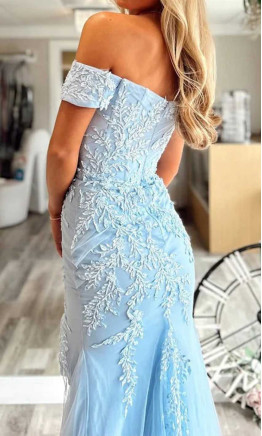 Light Blue Off the Shoulder Appliqued Mermaid Prom Dress Slit KSP688