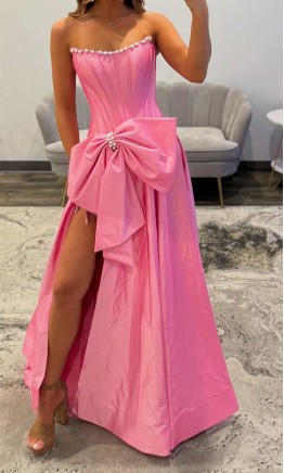 Pink Embellished Strapless Corset Prom Dress with Bow Details KSP695