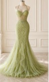 Sage Green Ruffled Tulle Mermaid Prom Dress with 3D Flowers and Sheer Corset HPPD703