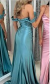 Off-Shoulder Ruched Satin Prom Dress Long with Lace Bodice KSP694