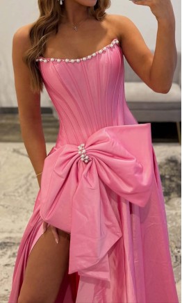 Pink Embellished Strapless Corset Prom Dress with Bow Details KSP695
