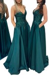 Emerald green satin prom dress with sheer beaded corset bodice and side pockets KSP700