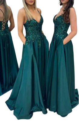 Emerald Green Sheer Corset Satin Prom Dress with Pockets KSP700