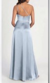 Modern dusty blue satin bridesmaid dress with an asymmetric one-shoulder neckline, diagonal back strap, and front slit