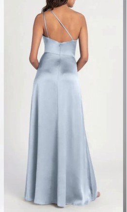 Dusty Blue Satin One-Shoulder Asymmetric Strap Bridesmaid Dress with Slit HPPB714