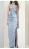 Dusty Blue Satin Cowl Neck Bridesmaid Dress with Ruched Waist & Side Slit HPPB712