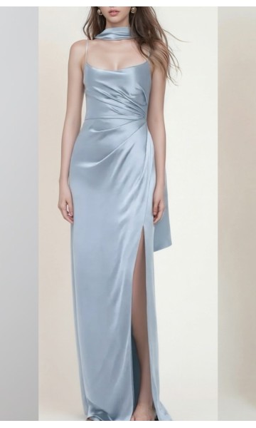 Elegant dusty blue satin bridesmaid dress with cowl neckline, side slit, and trailing scarf HPBD712