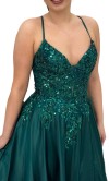 Emerald green satin prom dress with sheer beaded corset bodice and side pockets KSP700