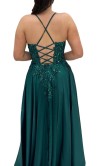 Emerald green satin prom dress with sheer beaded corset bodice and side pockets KSP700