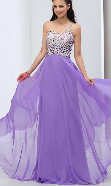 rhinestoned one shoulder light purple prom dress